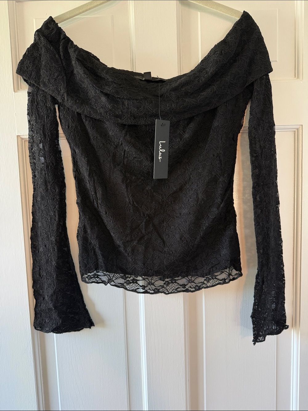 NWT Lulus Black Stretch Lace Off-Shoulder Long Bell Sleeve Top Size Medium